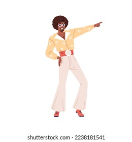 Hombre negro de moda bailando en la discoteca retro de los 80. Bailarina africana en una fiesta disco de los años 80. Carácter gracioso en ropa de estilo ochenta, gafas de sol. Ilustración vectorial plana aislada en fondo blanco