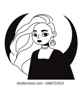 Fashion black and white portrait of a  girl. Trendy colored poster or flyer.Fashion and beauty.  vector illustration in flat style. Avatar for a social network