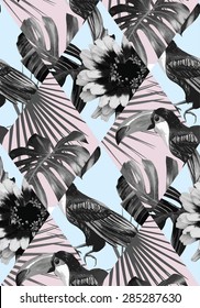 Fashion Black White Tropic Exotic Patchwork Of Toucan Bird And Plant Monstera, Palm Banana Leaves. Print Vector Illustration Floral Seamless Pattern With Flowers On A Blue Background. Trendy Wallpaper