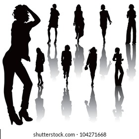 Fashion black and white vector illustration. Nine silhouette models with shadow reflexion.