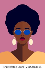 Fashion black woman face in blue sunglasses pop art contemporary poster vector flat illustration. Trendy African American female with vintage hair portrait glamour elegant model color t shirt print