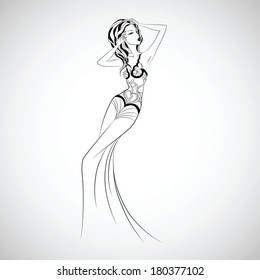 Fashion black-and-white vector illustration. Female silhouette