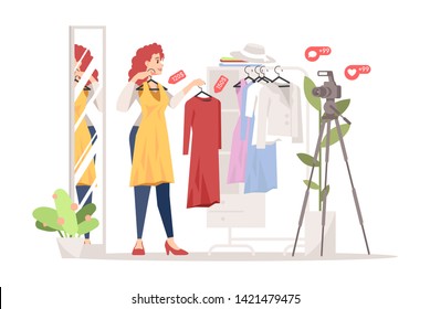 Fashion blogger flat vector illustration. Dress, online shopping, clothing store and lookbooks influencer review. Women style streamer isolated cartoon character. Stylist, fashionista, fashion advisor