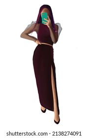 fashion blogger girl in an evening dress takes a photo on a smartphone, a girl at a party takes a selfie on the phone, vector illustration
