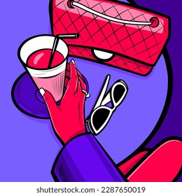 Fashion blogger has breakfast in a cafe, attention to accessories, vector illustration. Elements of a young woman's glamorous life, contemporary art