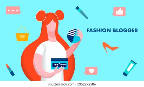 Fashion Blogger Model Flat Vector Illustration. Redhead Woman Holding Hairbrush Cartoon Character. Feminine Video Blog, Makeup Tools Review Channel. Female Vlog Flat Banner with Lettering