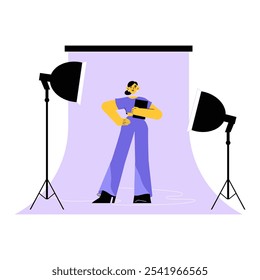 Fashion Blogger In Photography Studio With Lighting Equipment In Flat Vector Illustration Symbolizing Content Creation, Style, And Fashion Blogging, Isolated On White Background.