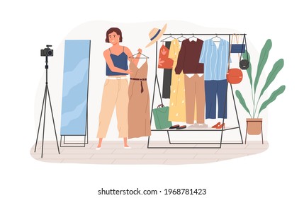 Fashion blogger recording video for her vlog, showing stylish trendy clothing. Stylist presenting modern garments to camera on tripod. Colored flat vector illustration isolated on white background