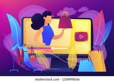Fashion blogger review video fashionable purchase and clothes hanger. Fashion blog, shopping blogging, fashion blogger job concept. Bright vibrant violet vector isolated illustration