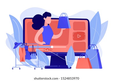 Fashion blogger review video fashionable purchase and clothes hanger. Fashion blog, shopping blogging, fashion blogger job concept. Pinkish coral bluevector isolated illustration