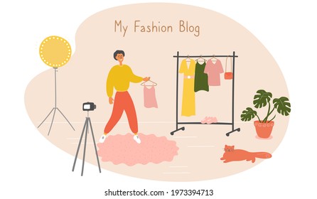 Fashion blogger showing trendy clothes to camera. Stylist influencer creates content for vlog. Young man teaches to choose trendy outfit. Opinion leader gives advices for followers in his blog. Vector