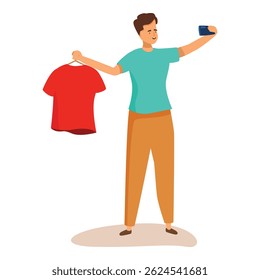 Fashion blogger taking a selfie while holding a red t shirt on a hanger