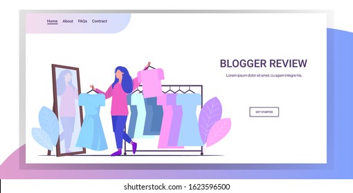 fashion blogger trying fashionable clothes in front of mirror review blogging live streaming concept girl looking at purchases full length horizontal vector illustration