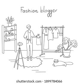 Fashion blogger. Young man is recording video for his followers. Guy tells how to dress stylishly. Vector linear illustration