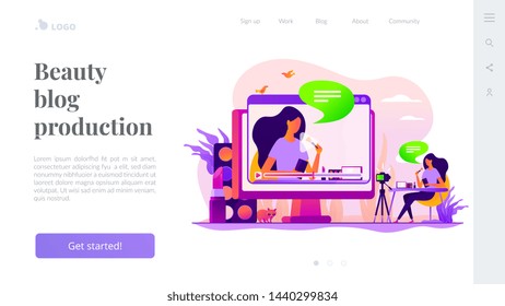 Fashion blogging, internet influencer. Cosmetics review, video content creation. Beauty blogger, beauty blog production, online beauty consultant concept. Website homepage header landing web page