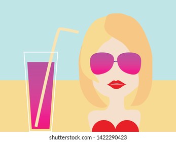 Fashion Blond young woman on the beach with cocktail