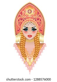 Fashion blonde girl with braids wears native russian headdress kokoshnik design.