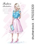 Fashion blonde girl in pink skirt, holding handbag. Hand drawn fashion woman. Sketch. Vector illustration.