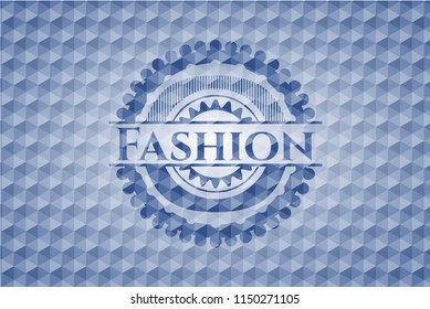 Fashion blue emblem or badge with abstract geometric polygonal pattern background.