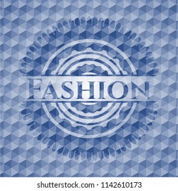 Fashion blue emblem or badge with geometric pattern background.