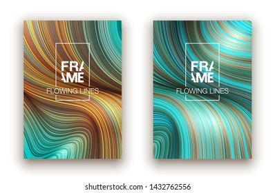 Fashion blue and gold poster lines locks luxury design. Liquid wave shiny lines hair fashion background. Beautiful flowing drape textiles thin threads hair vogue blue and gold threads drape banner set