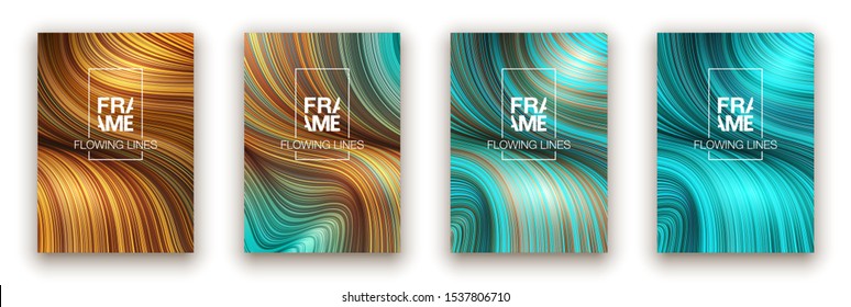 Fashion blue and gold poster lines locks luxury design. Liquid wave shiny lines hair fashion background. Beautiful flowing drape textiles thin threads hair vogue blue and gold threads drape banner set