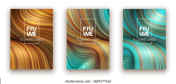 Fashion blue and gold poster lines locks luxury design. Liquid wave shiny lines hair fashion background. Beautiful flowing drape textiles thin threads hair vogue blue and gold threads drape banner set