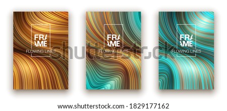 Fashion blue and gold poster lines locks luxury design. Liquid wave shiny lines hair fashion background. Beautiful flowing drape textiles thin threads hair vogue blue and gold threads drape banner set