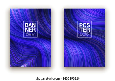 Fashion blue poster thin lines locks luxury design. Liquid wave shiny lines hair fashion background. Beautiful flowing drape textiles thin threads hair illustration vogue blue threads drape banner set