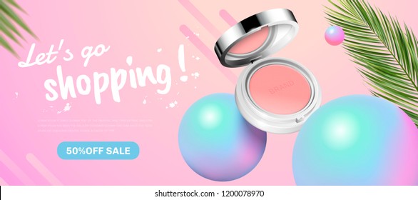 Fashion blush banner ads with holographic spheres elements in 3d illustration