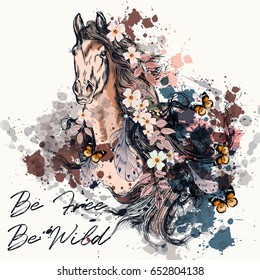 Fashion bo-ho illustration with wild horse. Be free