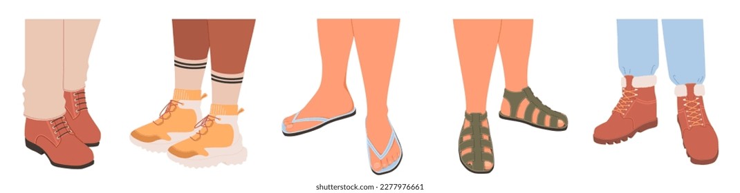 Botas de moda, sandalias y zapatos en el vector de la pierna. Diferentes modelos de ilustración masculina del calzado aislados en fondo blanco. Tienda de moda, concepto de ropa de moda