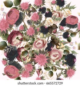 Fashion botanical pattern in retro style with roses. Good for fabric designs