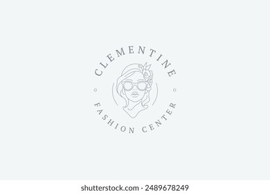 Fashion botanical woman in sunglasses outline logo design template vector illustration. Female blossom flowers portrait circle minimalist line logotype for stylist designer cosmetology beauty brand