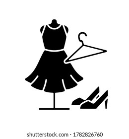 Fashion boutique black glyph icon. Women stylish garment. Online store and shopping mall category. Female clothes, shoes and accessories. Silhouette symbol on white space. Vector isolated illustration