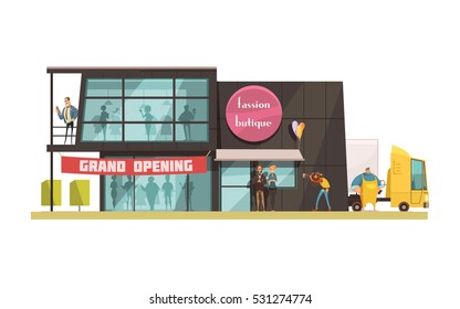 Fashion Boutique Building With Grand Opening Symbols Cartoon Vector Illustration