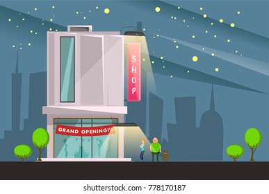 Fashion boutique building with grand opening symbols cartoon vector illustration