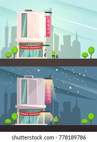 Fashion boutique building with grand opening symbols cartoon vector illustration night and day cityskape