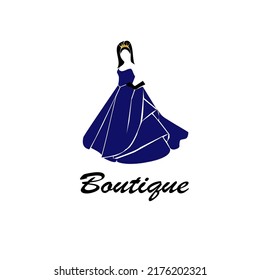 Fashion boutique logo, fashion logo template on white background, silhouette girls with blue dress