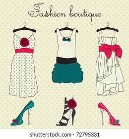 Fashion boutique set, stylized doodles