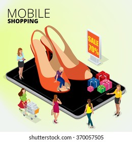 Fashion boutique shop online, Woman using digital tablet to shop online, women shopping for shoes in a shoes store, Flat 3d vector isometric  illustration