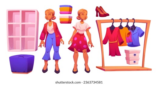 Fashion boutique store interior set. Wardrobe shop with cloth, dress, woman mannequin and display rack. Modern clothes on hand for lady in market showroom cartoon isolated clipart collection.