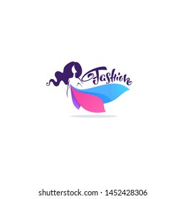 fashion boutique and store logo, label, emblem with girl in bright  flower dresss and lettering composition