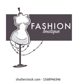 Fashion boutique and store logo, shopping and couture clothes shop isolated sketch icon vector. Mannequin or dummy, designer or tailor equipment. Female figure, clothing creation and selling