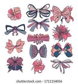 Fashion bows set in different colors and styles. Isolated on white background. Hand drawn vector illustration