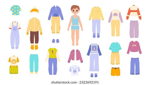 Fashion boy and clothes. Children cut game dress-up doll, fashion male kids outfits. Winter summer kid sweater and shoes, snugly cartoon vector elements