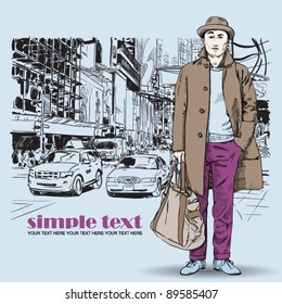Fashion boy in sketch-style on a megapolis-background. Vector illustration.