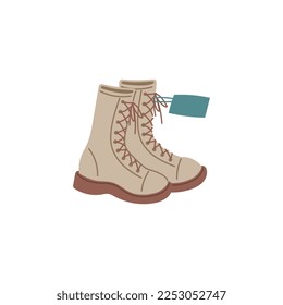 Fashion brand new boots with price tag or label flat vector illustration isolated on white background. Shoes sale and footwear discount sign or symbol.