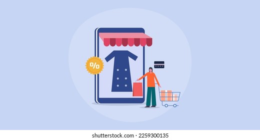 Fashion brand using eCommerce application for selling products, Fashion ecommerce concept - flat design vector illustration with character and icon