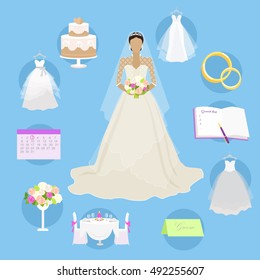 Fashion bride in luxury dress. Wedding elements in round buttons. Wedding planning, preparation, decor banners. Female character without face in white dress. Marriage concept, apps logos infographic